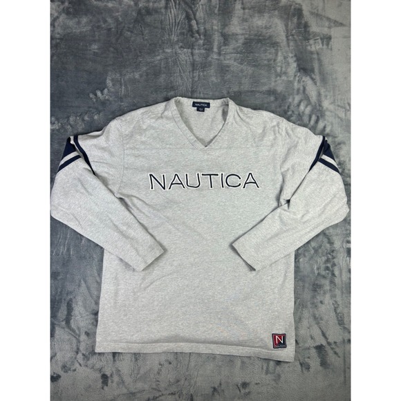 Nautica Men's Gray V-Neck Long Sleeve Sweater Large 100% Cotton Logo Vintage - Picture 1 of 10